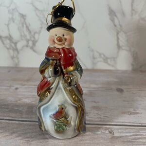 Vintage Snowman Bell Christmas Tree Ornament Ceramic 5” Glazed Cardinal Top Hat